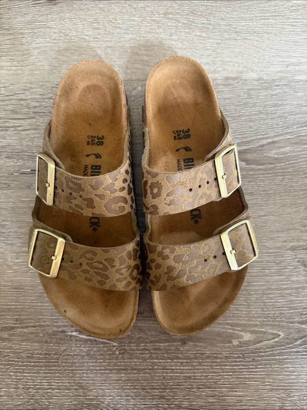 Birkenstock Arizona Leopard Print Sandals - Brown/Tan and olive, size 38